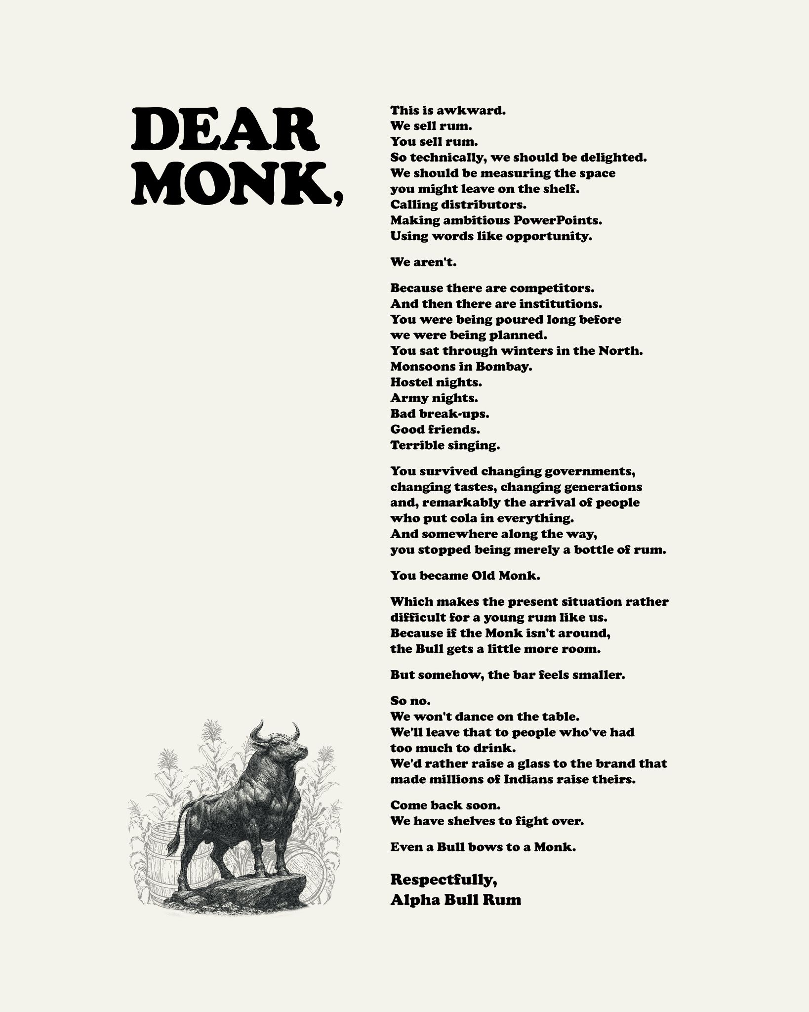 The "Dear Monk" open letter, Alpha Bull Rum's print creative addressed to Old Monk, featuring an illustrated bull